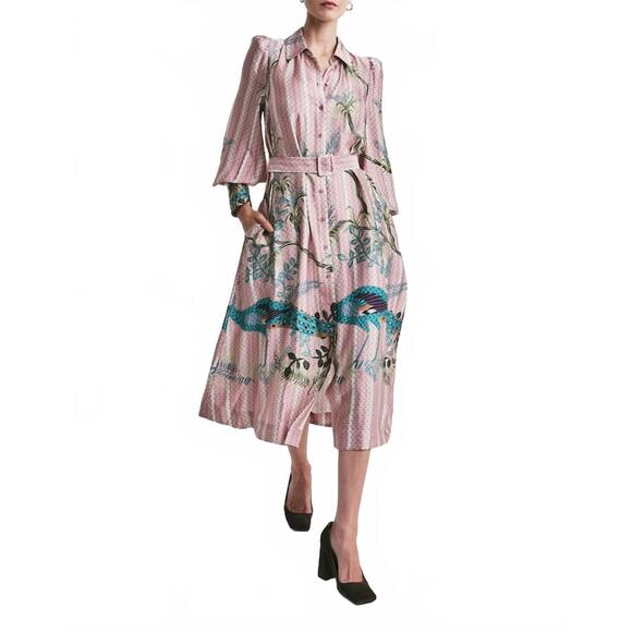 NEW BYTIMO satin belt dress in green peacock